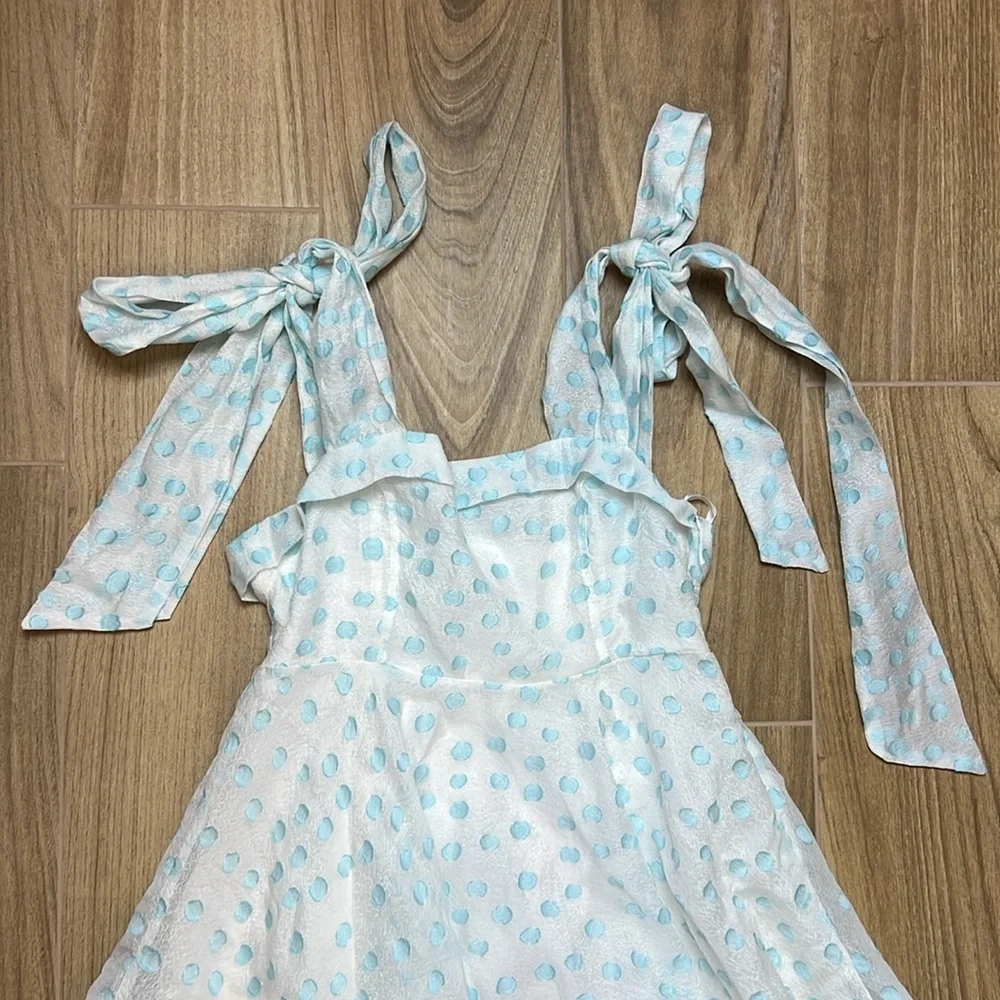 MABLE Fit Flare‎ White and Light Blue Polka Dot Mini Dress